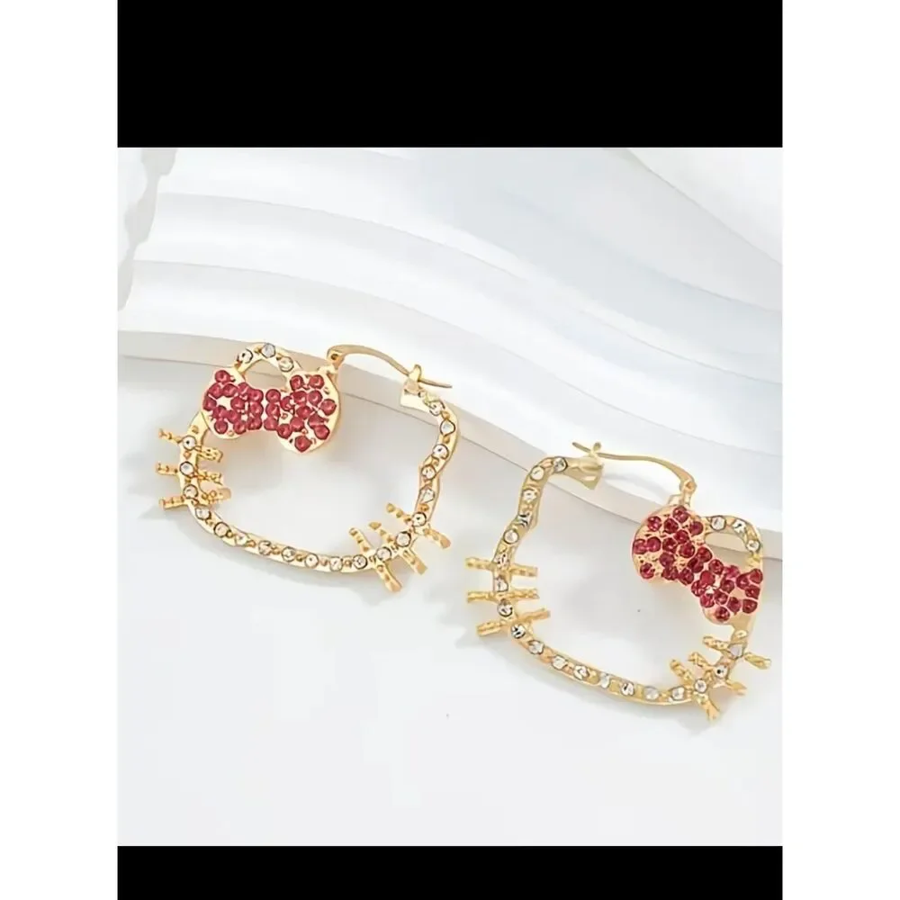 Gold Hello Kitty Rhinestone Hoop Earrings